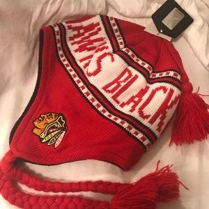 Red Blackhawks hat w/tassels unisex men woman adult child
